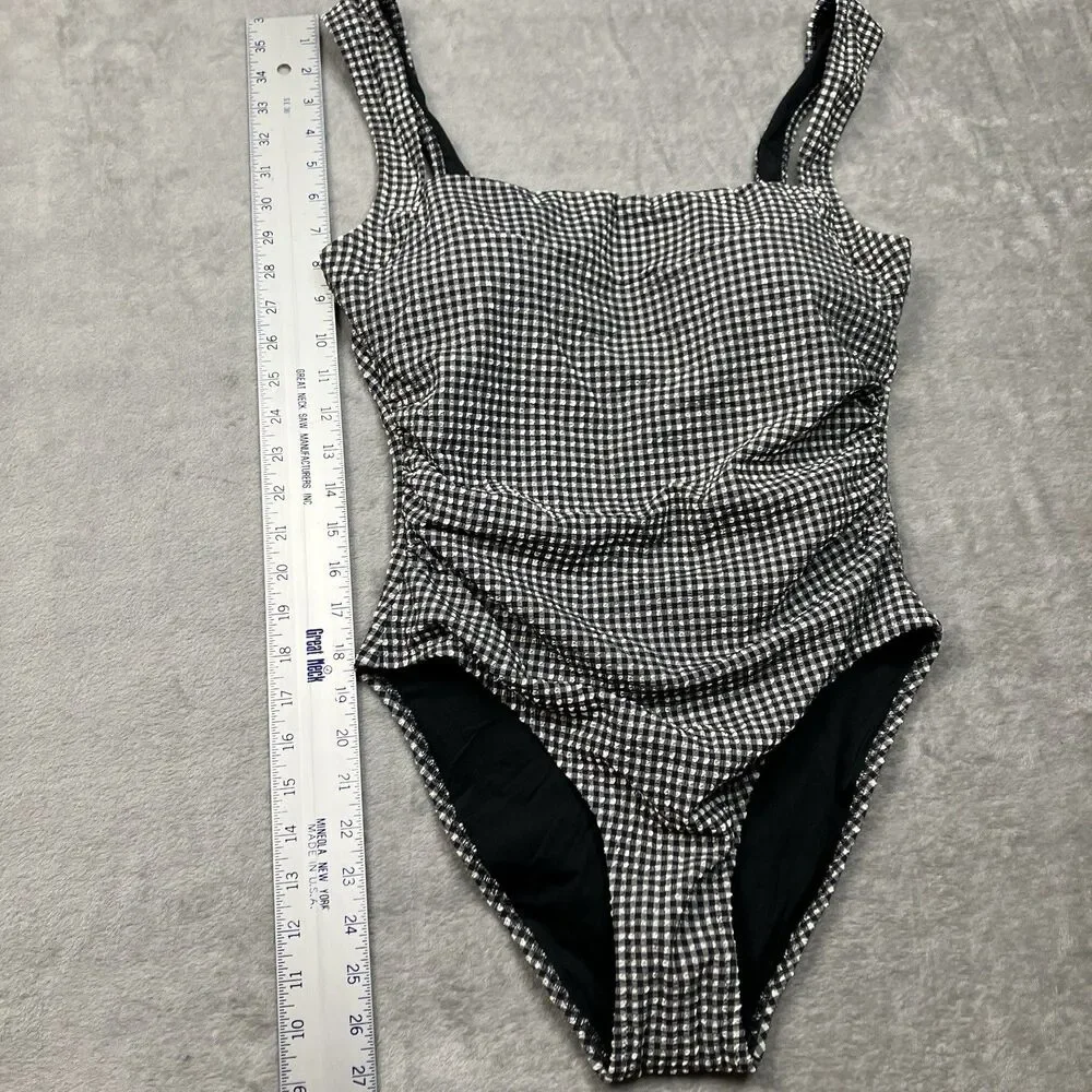 J Crew Nia Gingham Ruched Squareneck One-Piece Swimsuit Womens 10 Black & White